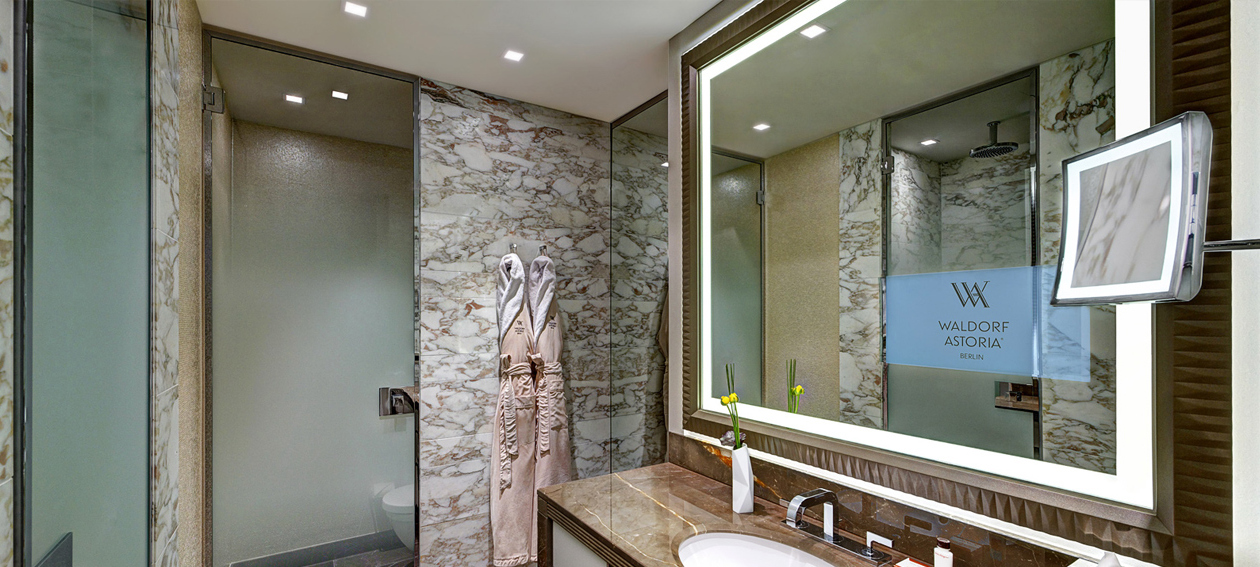 18.5" Lighted Mirror TV for hospitality application, installed in a bathroom @ Waldorf Astoria in Germany.